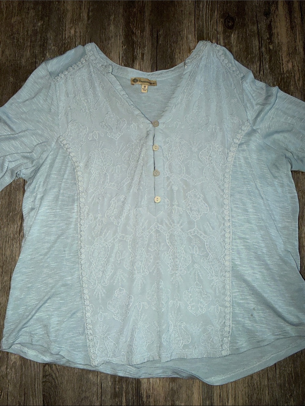Democracy Pale Blue Lace-Front V-Neck Blouse